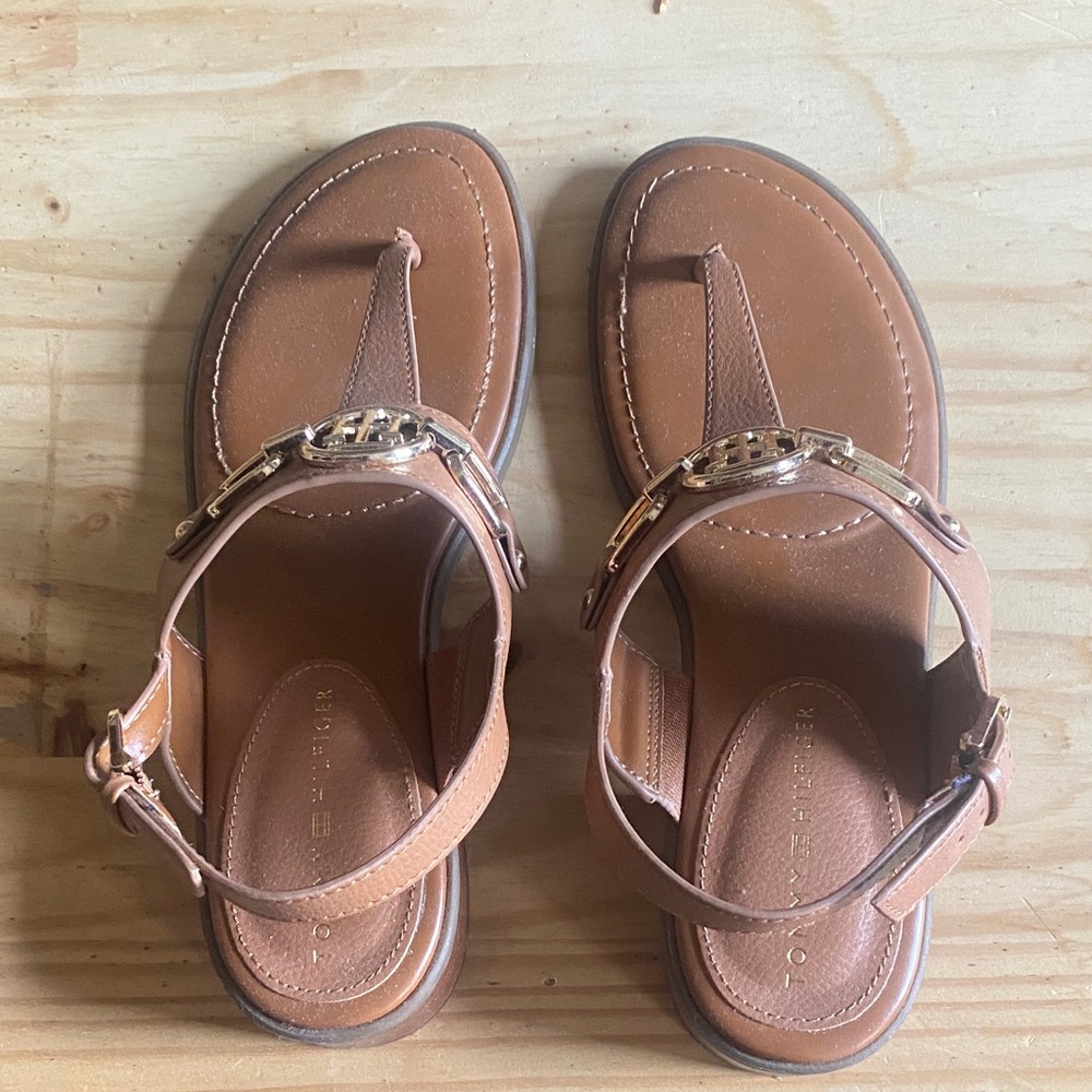 Brown Leather Sandals with Gold Accents by Tommy Hilfiger